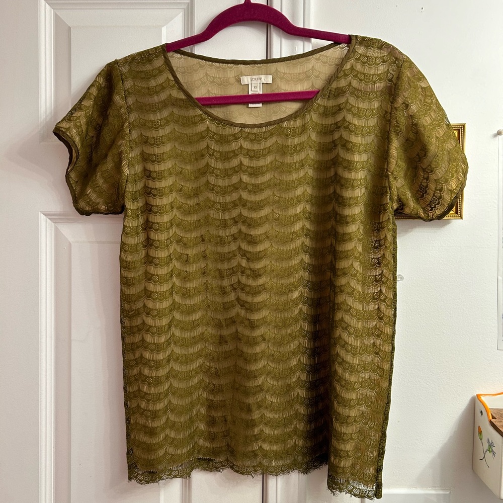 Minimalist green khaki lace top - J Crew XS lace shirt like new